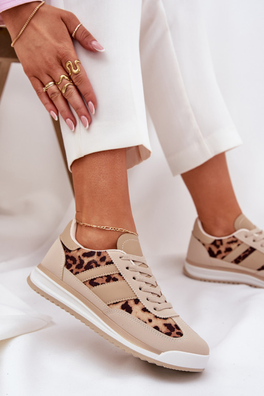 Turnschuhe Sneakers Stilvollllschuhe Feminin mit Leopardenfellmuster Beige-braune Farbe Galabis