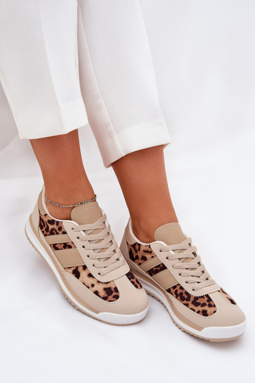 Turnschuhe Sneakers Stilvollllschuhe Feminin mit Leopardenfellmuster Beige-braune Farbe Galabis