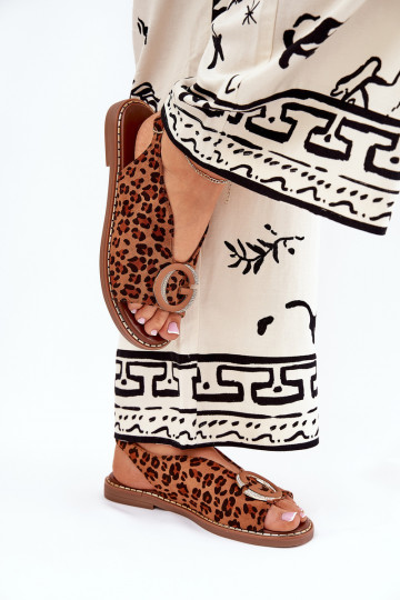 Flache Sandalen mit Ornamenten mit Leopardenfellmuster braune Farbe Haliones