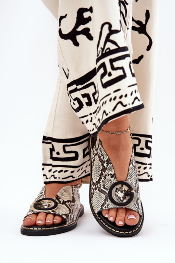 Flache Sandalen mit Ornamenten Schlangenmuster Beige-braune Farbe Haliones 2