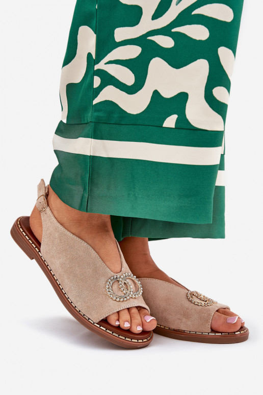 Damensandalen mit Ornamenten mit breiten Absätzen aus Öko-INildlederoZue Beige Ralisses