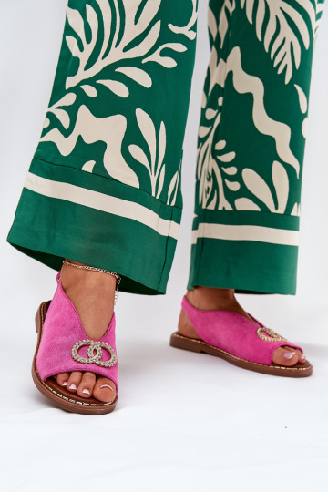 Damensandalen mit Ornamenten mit breiten Absätzen aus Öko-INildlederoZue pinke Farbe Ralisses
