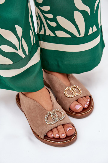 Damensandalen mit Ornamenten mit breiten Absätzen aus Öko-INildlederoZue Beige Ralisses