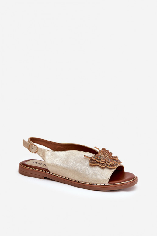 Damensandalen mit breiten Absätzen mit Ornamenten goldene Farbe Setorina