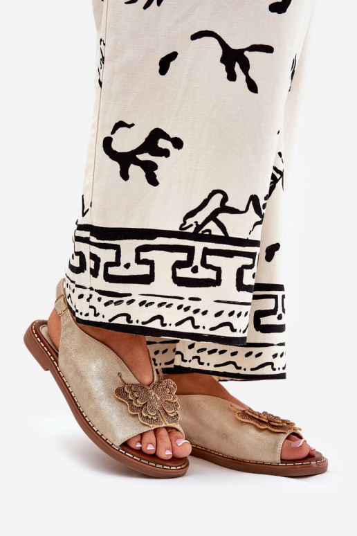 Damensandalen mit breiten Absätzen mit Ornamenten goldene Farbe Setorina