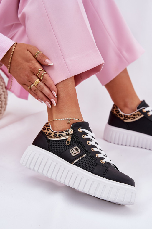 Turnschuhe Feminin mit einer Plattform aus Öko-Leder mit Leopardenfellmuster schZuarze Farbe Velionna Turnschuhe Feminin mit einer Plattform aus Öko-Leder mit Leopardenfellmuster schZuarze Farbe Velionna