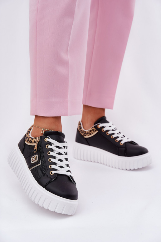 Turnschuhe Feminin mit einer Plattform aus Öko-Leder mit Leopardenfellmuster schZuarze Farbe Velionna Turnschuhe Feminin mit einer Plattform aus Öko-Leder mit Leopardenfellmuster schZuarze Farbe Velionna