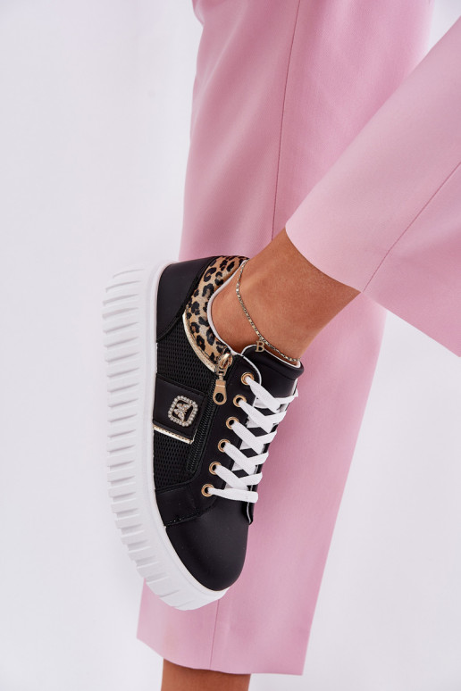 Turnschuhe Feminin mit einer Plattform aus Öko-Leder mit Leopardenfellmuster schZuarze Farbe Velionna Turnschuhe Feminin mit einer Plattform aus Öko-Leder mit Leopardenfellmuster schZuarze Farbe Velionna