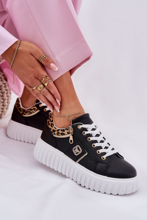 Turnschuhe Feminin mit einer Plattform aus Öko-Leder mit Leopardenfellmuster schZuarze Farbe Velionna Turnschuhe Feminin mit einer Plattform aus Öko-Leder mit Leopardenfellmuster schZuarze Farbe Velionna