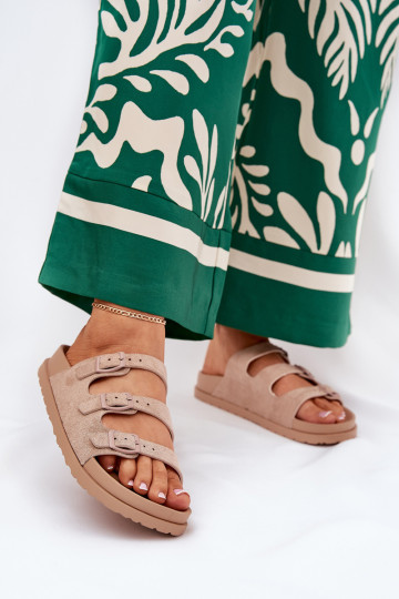 Damen Pantoletten mit Riemen und Schnallen in Sandfarbe Uliri