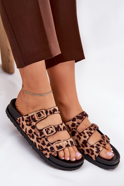 Damenhausschuhe mit Streifen I mit Schnallenmi mit Leopardenfellmuster braune Farbe Uliri Damenhausschuhe mit Streifen I mit Schnallenmi mit Leopardenfellmuster braune Farbe Uliri