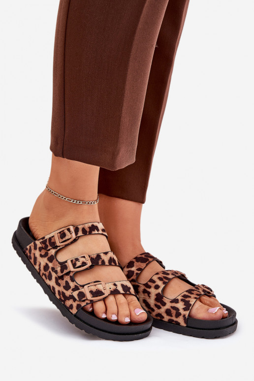 Damenhausschuhe mit Streifen I mit Schnallenmi mit Leopardenfellmuster braune Farbe Uliri Damenhausschuhe mit Streifen I mit Schnallenmi mit Leopardenfellmuster braune Farbe Uliri