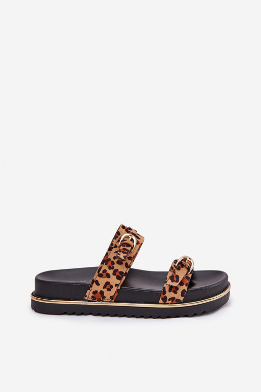 Damenhausschuhe mit Leopardenfellmuster mit einer Plattform mit Streifen I mit Schnallenmi braune Farbe Ziferte Damenhausschuhe mit Leopardenfellmuster mit einer Plattform mit Streifen I mit Schnallenmi braune Farbe Ziferte