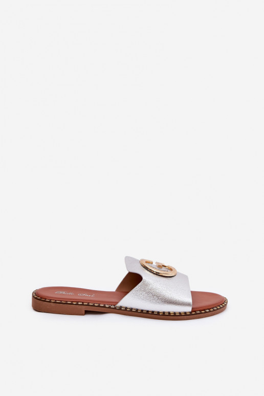 Eko Haut gleichschenklig Damenhausschuhe Mit Dekorationen Detalem Silberfarbe Frelie Eko Haut gleichschenklig Damenhausschuhe Mit Dekorationen Detalem Silberfarbe Frelie