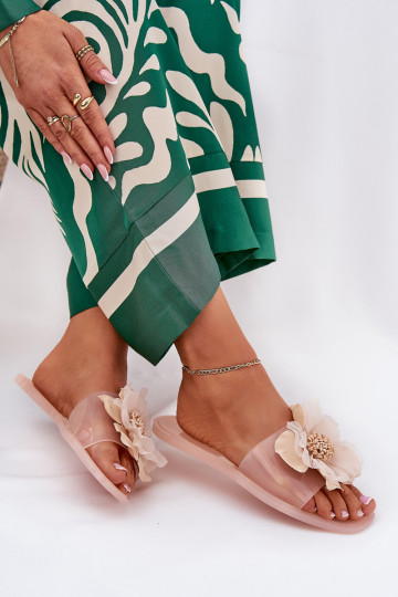 Transparente flache Damen-Pantoletten mit künstlicher Blume in Nude Vobetta