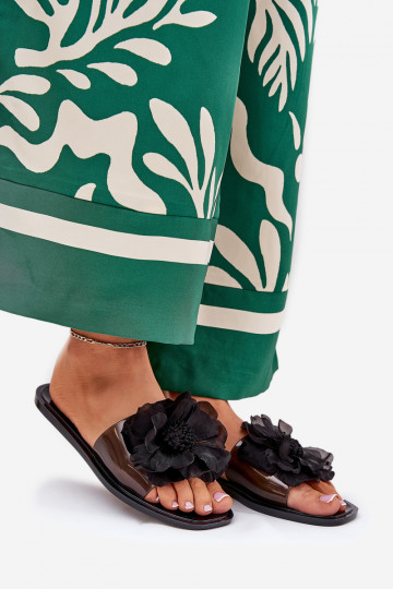 Transparente flache Damen-Pantoletten mit künstlicher Blume in schwarzer Farbe Vobetta