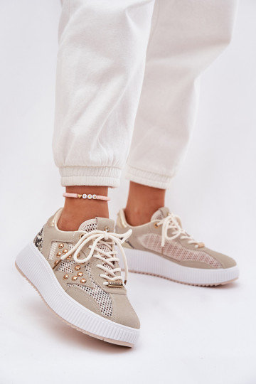 Turnschuhe Feminin mit Netz Und Stollen Beige Ogalda