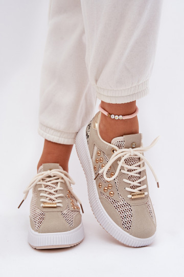 Turnschuhe Feminin mit Netz Und Stollen Beige Ogalda 2