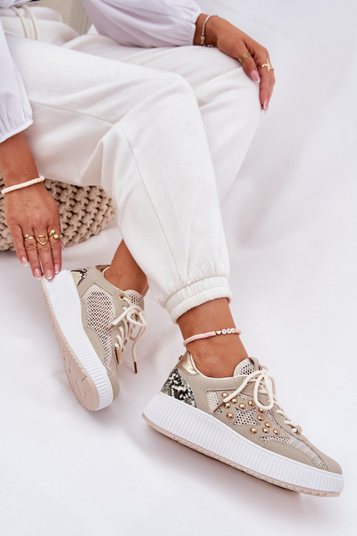 Turnschuhe Feminin mit Netz Und Stollen Beige Ogalda Turnschuhe Feminin mit Netz Und Stollen Beige Ogalda