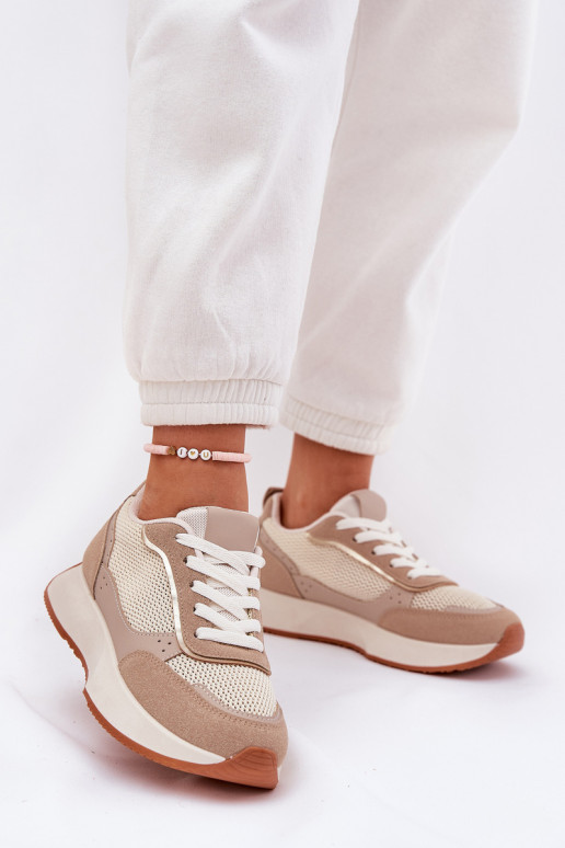 Turnschuhe Feminin mit Netz mit einer Plattform Khaki-Farbe Poova
