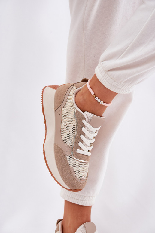 Turnschuhe Feminin mit Netz mit einer Plattform Khaki-Farbe Poova
