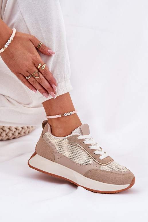 Turnschuhe Feminin mit Netz mit einer Plattform Khaki-Farbe Poova