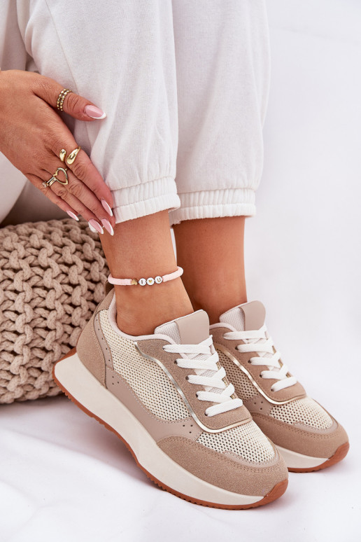 Turnschuhe Feminin mit Netz mit einer Plattform Khaki-Farbe Poova