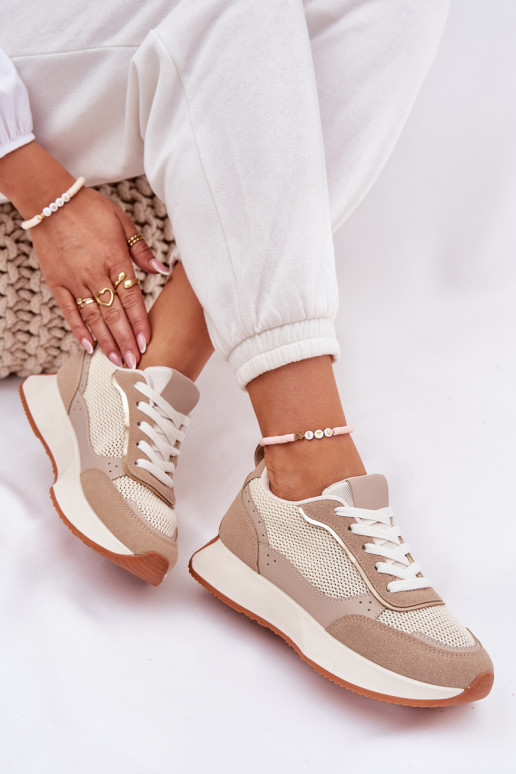 Turnschuhe Feminin mit Netz mit einer Plattform Khaki-Farbe Poova