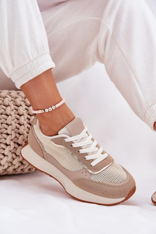 Turnschuhe Feminin mit Netz mit einer Plattform Khaki-Farbe Poova