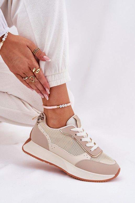 Turnschuhe Feminin mit Netz mit einer Plattform Beige Poova Turnschuhe Feminin mit Netz mit einer Plattform Beige Poova