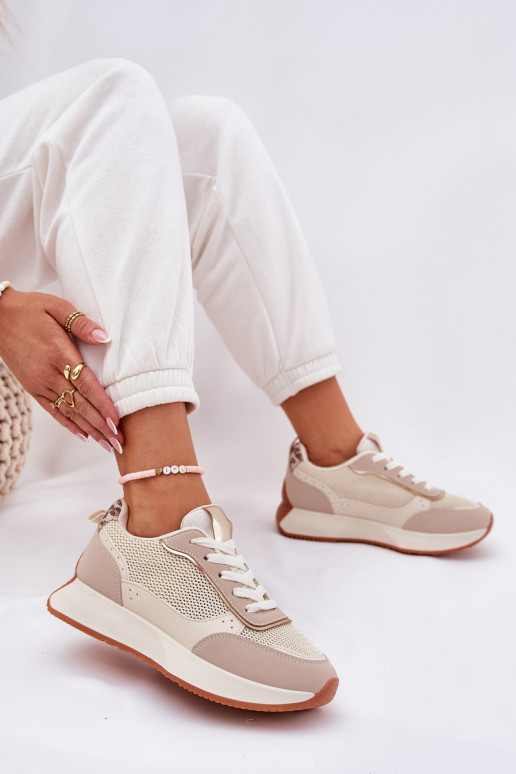 Turnschuhe Feminin mit Netz mit einer Plattform Beige Poova Turnschuhe Feminin mit Netz mit einer Plattform Beige Poova