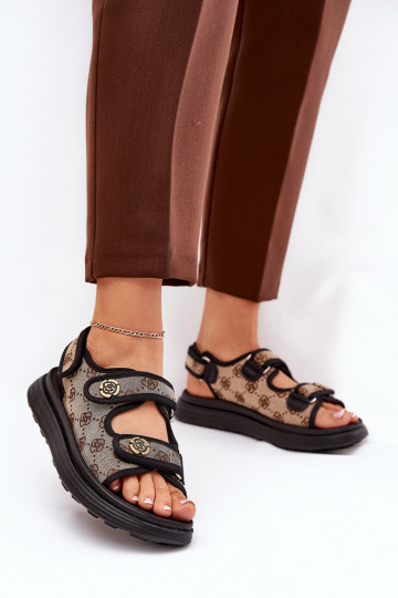 Damen gemusterte Sandalen in goldfarben mit dekorativen Details in sand-schwarz Pefese