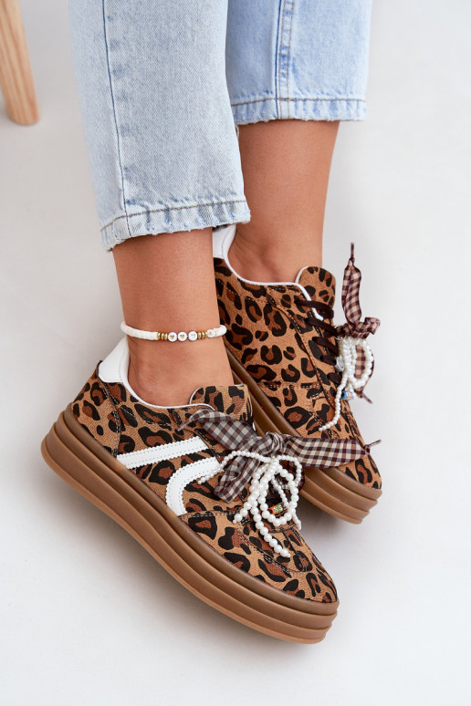 Sneakers Stilvollllschuhe Feminin mit Leopardenfellmuster mit einer Plattform mit schönen Details braune Farbe Vinness Sneakers Stilvollllschuhe Feminin mit Leopardenfellmuster mit einer Plattform mit schönen Details braune Farbe Vinness
