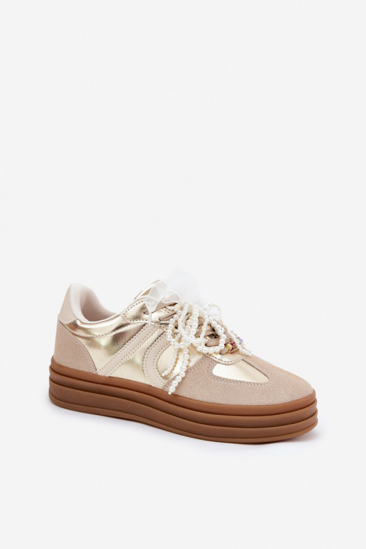 Sneakers Stilvollllschuhe Feminin mit einer Plattform mit schönen Details Beige-goldene Farbe Vinness Sneakers Stilvollllschuhe Feminin mit einer Plattform mit schönen Details Beige-goldene Farbe Vinness