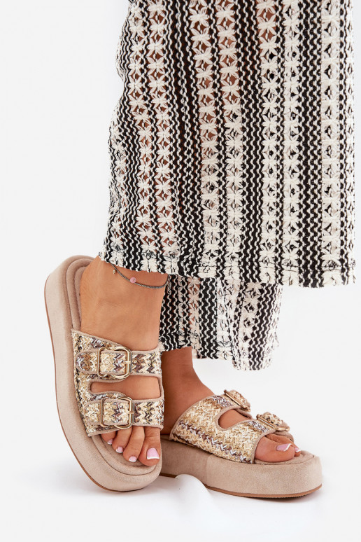 Damenhausschuhe mit einer Plattform mit Schnallen I Plecionką Khaki-Farbe Limme Damenhausschuhe mit einer Plattform mit Schnallen I Plecionką Khaki-Farbe Limme