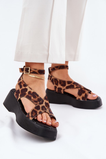 Damensandalen mit einer Plattform I Koturnie mit Leopardenfellmuster braune Farbe Tenzorus