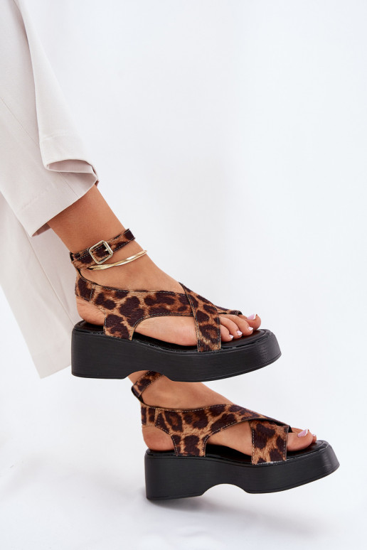 Damensandalen mit einer Plattform I Koturnie mit Leopardenfellmuster braune Farbe Tenzorus Damensandalen mit einer Plattform I Koturnie mit Leopardenfellmuster braune Farbe Tenzorus