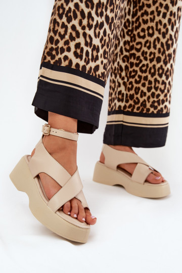 Damensandalen mit einer Plattform I Koturnie Eko Haut Beige Tenzorus