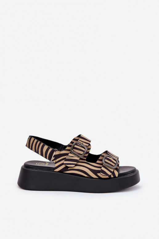 Damensandalen mit einer Plattform I Koturnie mit Schnallen Zebra Beige-schZuarze Farbe Genorre Damensandalen mit einer Plattform I Koturnie mit Schnallen Zebra Beige-schZuarze Farbe Genorre