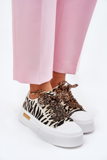 Freizeitschuhe mit einer Plattform Mit Dekorationen Schnürungm Zebra SchZuarz und-Beige Zidora