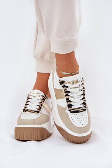 Sneakers Stilvollllschuhe Feminin mit einer Plattform Tiermuster Beige-goldene Farbe Telanila 2