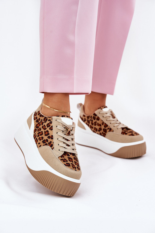 Sneakers Stilvollllschuhe Feminin mit einer Plattform mit Leopardenfellmuster Beige Tamorniel